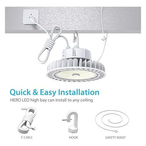  HYPERLITE High Bay Led Lights 150W 21,000LM(140lm/w) 5000K CRI>80 1-10V Dimmable UL Listed Hanging Hook Safe 5' Cable with 110V Plug UFO High Bay Light for Shopping Mall Warehouse