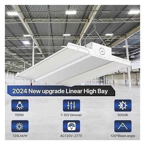  HYPERLITE High Bay LED Shop Lights 150W, 1.2FT 20250LM(135lm/w) Linear High Bay Light 5000K,120-277V, 1-10V Dimmable Linear Hanging Light for Garage Warehouse Workshops Barn, 5 Years Warranty