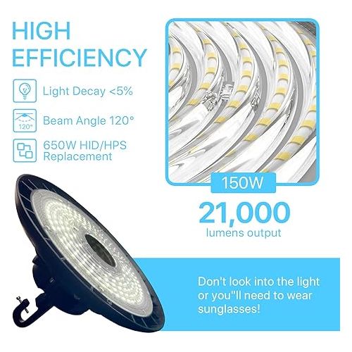  HYPERLITE UFO LED High Bay Light with Motion Sensor 21000LM, 150W Smart High Bay LED Lights with Remote Control, 120-277V IP65 Waterproof High Bay Shop Light for Shop Barn Warehouse