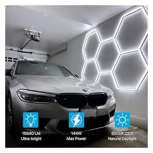  HYPERLITE Hexagon Garage LED Light, Upgraded 3 Level Dimmable 144W 15840LM Super Bright Garage Detailing Lights, 5 Grids Hexagon Shop Lights, Hexagon LED Lights for Garage, Car Wash, Gym, Shop