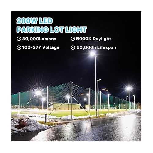  HYPERLITE LED Parking Lot Light, 200W 30000Lm LED shoebox Light with Dusk to Dawn photocell, IP65 Waterproof Commercial Area Lights with Adjustable Slip Fitter Mounting for Parking lot, Yard, Courts