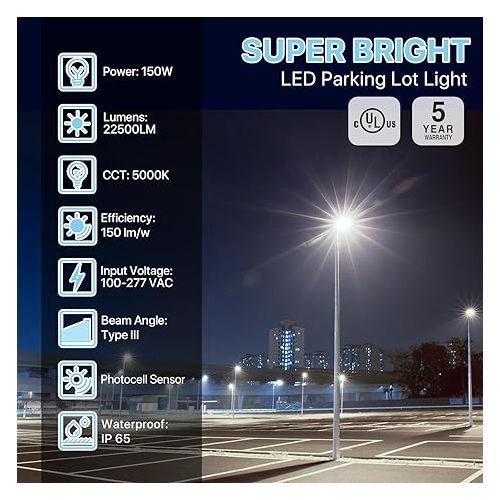  HYPERLITE LED Parking Lot Lights 150W UL Certified IP65 LED Pole Light with Dusk to Dawn Photocell - 5000K 25,500lm Equivalent to 600W HPS/HID- Adjustable Slip Fitter Mounting