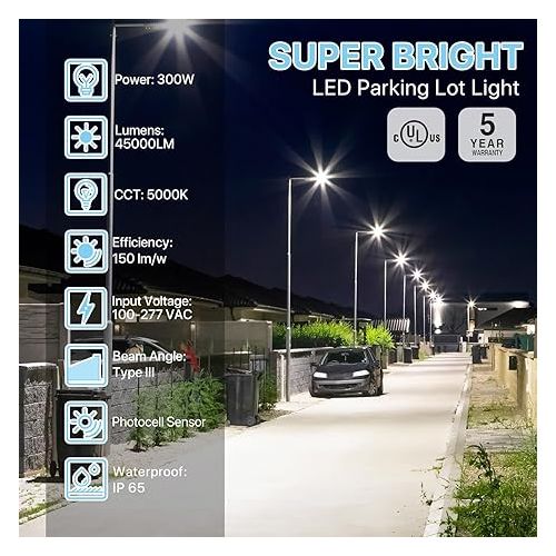  HYPERLITE LED Parking Lot Lights 300W LED Shoebox Light with Dusk to Dawn Photocell -45000lm 5000K UL Certified IP65 LED Area Light for Court|Stadium|Parking Lot|Roadways