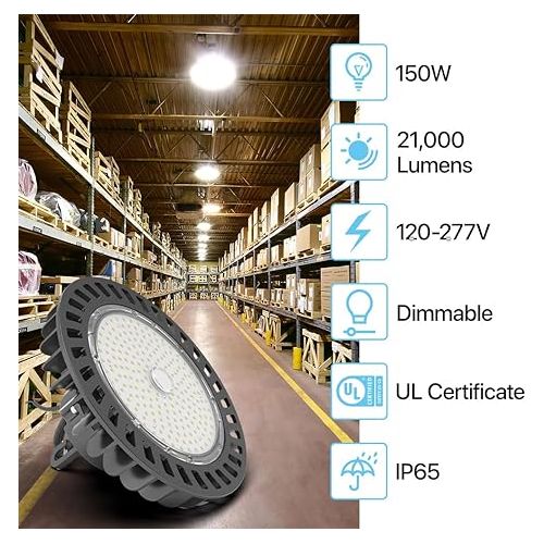  HYPERLITE UFO Led High Bay Light 150W 21,000lm 5000K 1-10V Dimmable High Bay Led Lights UL Listed US Hook 5' Cable Led High Bay Lights Alternative to 650W MH/HPS for Gym Factory Warehouse