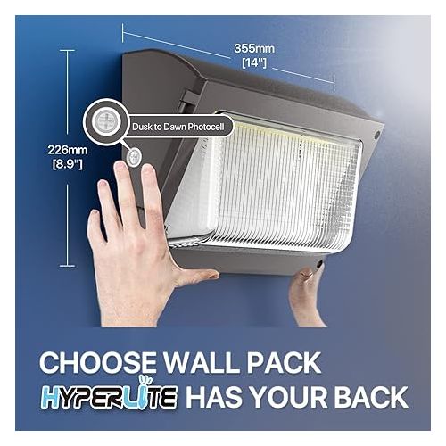  HYPERLITE LED Wall Pack Light 120W with Dusk to Dawn Photocell and Glass Lens LED Security Flood Commercial and Industrial Outdoor LED Wall Lights Out Door for House Warehouses UL Listed