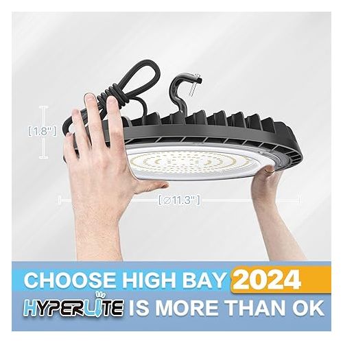  HYPERLITE LED High Bay Light 150W 2 Packs 21000LM with US Plug, UFO LED High Bay Light for Warehouse Workshop Factory Gym Garage Barn 2024 New ETL Listed