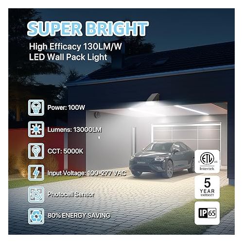  HYPERLITE LED Wall Pack Light with Dusk to Dawn Photocell 100W 13,000LM, Ideal Outdoor Security Lighting Commercial and Industrial LED Wall Lights for Parking lot Garage Factory ETL Listed