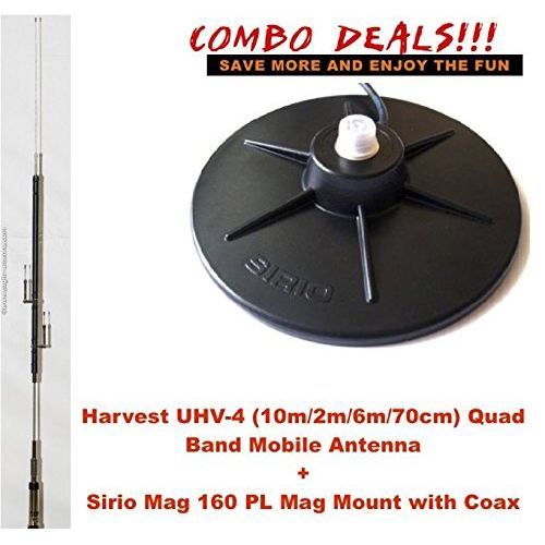  HYS Combo: Harvest UHV-4 HF/VHF/UHF (10m/2m/6m/70cm) 4-Band Antenna Sirio Mag Mount