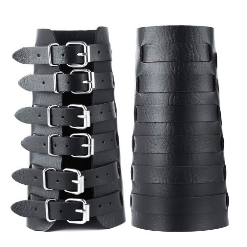  HZMAN Medieval Bracers Faux Leather Wide Eight Strap Cuff Wrap Wristband Buckle Fastening Arm Armor Cuff, A Pair Black