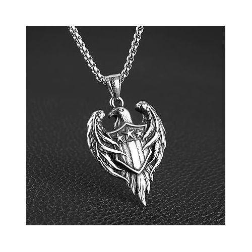  HZMAN Stainless Steel Hawk Eagle Necklace for Men Women Patriotic American Flag Bald Eagle Shield Pendant Jewelry Gift