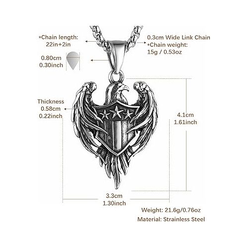  HZMAN Stainless Steel Hawk Eagle Necklace for Men Women Patriotic American Flag Bald Eagle Shield Pendant Jewelry Gift