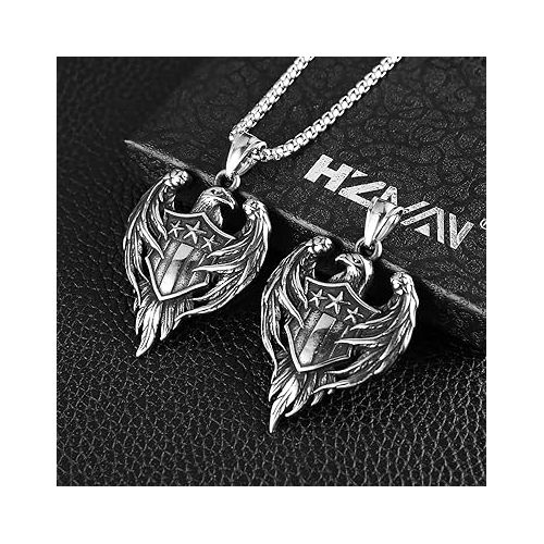  HZMAN Stainless Steel Hawk Eagle Necklace for Men Women Patriotic American Flag Bald Eagle Shield Pendant Jewelry Gift
