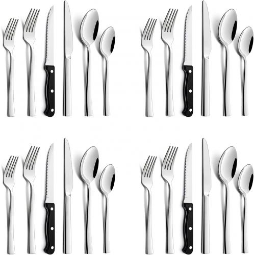  [아마존베스트]24-Piece Silverware Set with Steak Knives, HaWare Solid Stainless Steel Modern Elegant Flatware Utensils, Includes 40-piece Cutlery Set, 4-piece Steak Knives, Mirror Polished & Dis