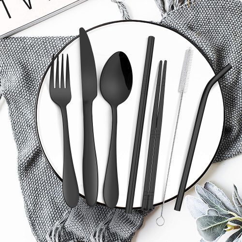  [아마존베스트]Travel Utensils with Case, HaWare Stainless Steel Portable Flatware Set, Reusable Camping Silverware Set, 8-Piece Cutlery Tableware Set Includes Knife, Spoon, Fork, Chopsticks, Str