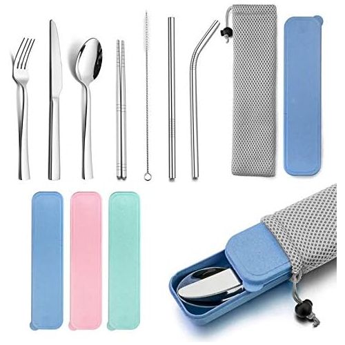  [아마존베스트]Portable Travel Utensils with Case, HaWare Stainless Steel Silverware Set for Camping Office School Lunch, Including Knife Fork Spoon Chopsticks, Reusable and Dishwasher Safe(Blue)