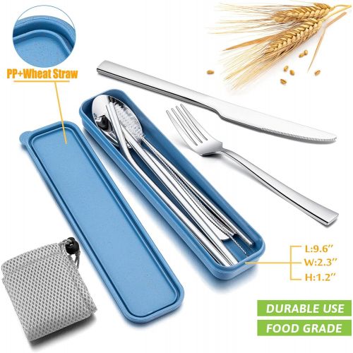  [아마존베스트]Portable Travel Utensils with Case, HaWare Stainless Steel Silverware Set for Camping Office School Lunch, Including Knife Fork Spoon Chopsticks, Reusable and Dishwasher Safe(Blue)