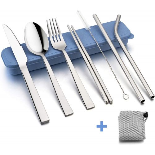  [아마존베스트]Portable Travel Utensils with Case, HaWare Stainless Steel Silverware Set for Camping Office School Lunch, Including Knife Fork Spoon Chopsticks, Reusable and Dishwasher Safe(Blue)