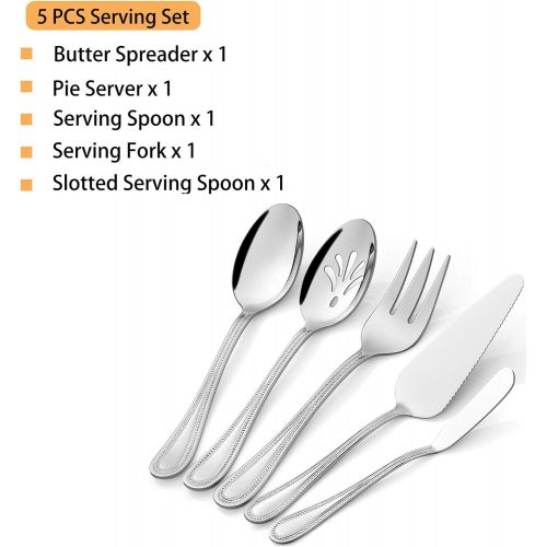  [아마존베스트]Serving Utensils, HaWare Stainless Steel Silverware Serving Set 5 Pieces, Pearled Edge Hostess Serving Set for Buffet Party Kitchen Restaurant, Mirror Finished & Dishwasher Safe