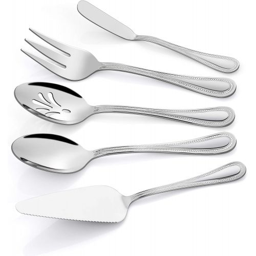  [아마존베스트]Serving Utensils, HaWare Stainless Steel Silverware Serving Set 5 Pieces, Pearled Edge Hostess Serving Set for Buffet Party Kitchen Restaurant, Mirror Finished & Dishwasher Safe