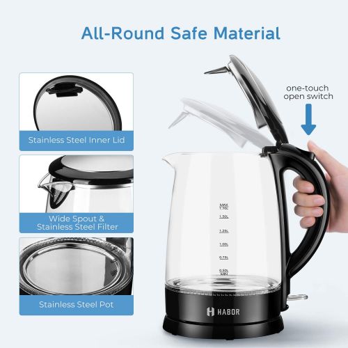  [아마존 핫딜]  [아마존핫딜]Habor Electric kettle, Water Boiler 1500W Fast Heating Tea Pot, 1.8 Quart (1.7 L) Blue LED Lights Bright Glass Body, Auto Shut-Off Boil-Dry Protection Stainless Steel Inner Lip