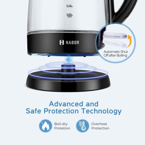  [아마존 핫딜]  [아마존핫딜]Habor Electric kettle, Water Boiler 1500W Fast Heating Tea Pot, 1.8 Quart (1.7 L) Blue LED Lights Bright Glass Body, Auto Shut-Off Boil-Dry Protection Stainless Steel Inner Lip