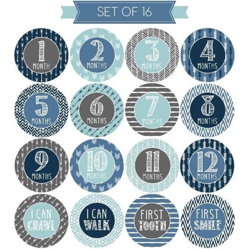  [아마존베스트]Hadley Designs 16 Blue Teal Baby Boy Milestone Stickers, 12 Monthly Photo Picture Props For Infant Onesie, Chalk New Born 1st Year Birth Month Belly Decals, Scrapbook Memory Registry Gift, Best S