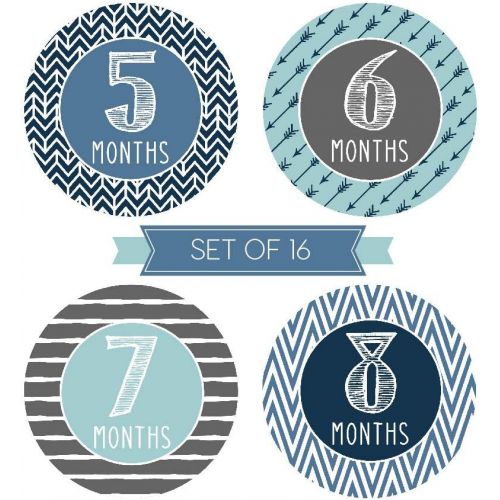  [아마존베스트]Hadley Designs 16 Blue Teal Baby Boy Milestone Stickers, 12 Monthly Photo Picture Props For Infant Onesie, Chalk New Born 1st Year Birth Month Belly Decals, Scrapbook Memory Registry Gift, Best S