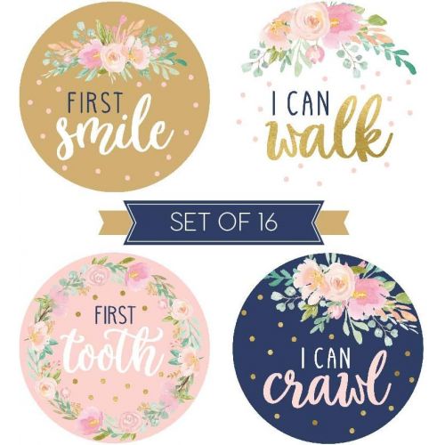  [아마존베스트]Hadley Designs 16 Navy Pink Floral Baby Girl Milestone Stickers, 12 Monthly Photo Picture Props for Infant Onesie, 1st Year Birth Months Belly Decals, Scrapbook Memory Registry Gift, Best Cute Sh