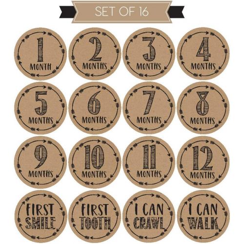  [아마존베스트]Hadley Designs 16 Rustic Baby Milestone Stickers, 12 Monthly Photo Picture Props for Girl or Boy Infant Onesie, 1st Year Belly Decals, Scrapbook Memory Registry Gift, Best Shower Basket Present,