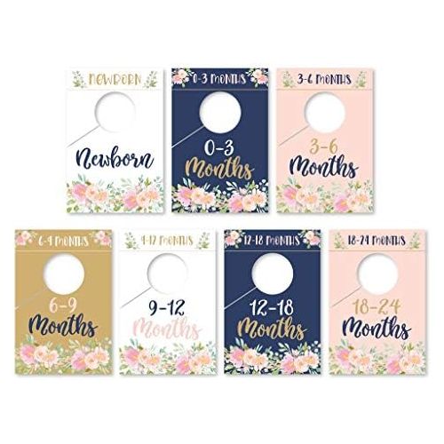  Hadley Designs 7 Navy Pink Gold Baby Nursery Closet Organizer Dividers For Girl Clothing, Floral Flower Age Size Hanger Organization For Kid Toddler Infant Newborn Clothes, Shower Registry Gift S