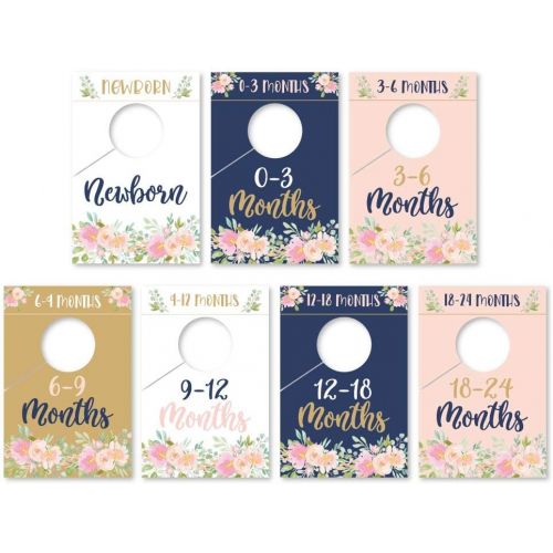  Hadley Designs 7 Navy Pink Gold Baby Nursery Closet Organizer Dividers For Girl Clothing, Floral Flower Age Size Hanger Organization For Kid Toddler Infant Newborn Clothes, Shower Registry Gift S