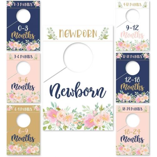  Hadley Designs 7 Navy Pink Gold Baby Nursery Closet Organizer Dividers For Girl Clothing, Floral Flower Age Size Hanger Organization For Kid Toddler Infant Newborn Clothes, Shower Registry Gift S