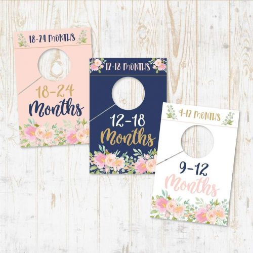  Hadley Designs 7 Navy Pink Gold Baby Nursery Closet Organizer Dividers For Girl Clothing, Floral Flower Age Size Hanger Organization For Kid Toddler Infant Newborn Clothes, Shower Registry Gift S