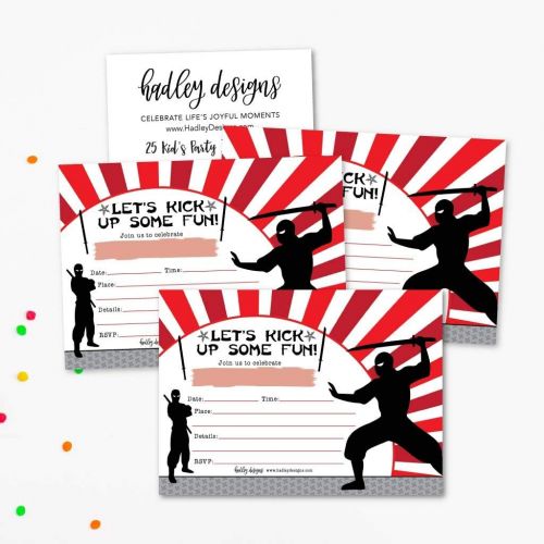 Hadley Designs 25 Ninja Karate Birthday Invitation, Taekwondo Warrior Themed Boy Girl Invite, Kids Parkour Martial Arts Style Bday Party Event Supply Idea, Chinese Japanese Unique Printed or Fill