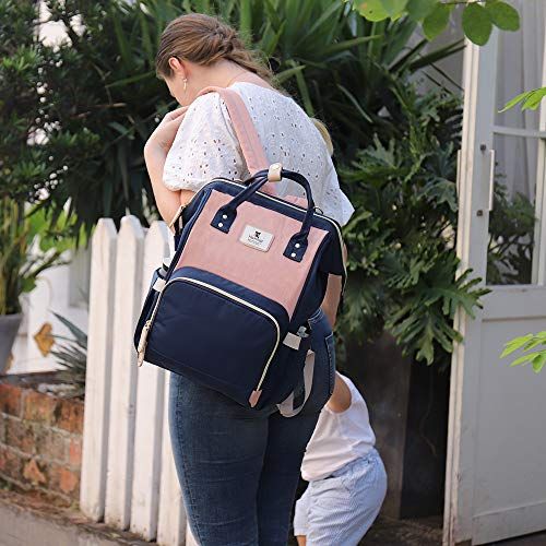  [아마존베스트]Hafmall Diaper Bag Backpack Waterproof Travel Mummy Nappy Bags, Large Capacity and Multi-Function Back Pack Organizer with Baby Insulated Pockets (Pink&Navy Blue)