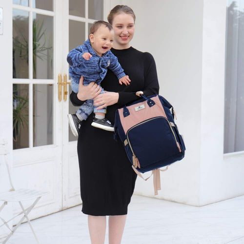  [아마존베스트]Hafmall Diaper Bag Backpack Waterproof Travel Mummy Nappy Bags, Large Capacity and Multi-Function Back Pack Organizer with Baby Insulated Pockets (Pink&Navy Blue)