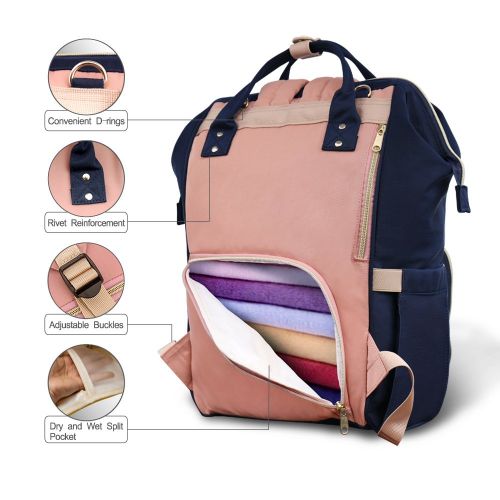  [아마존베스트]Hafmall Diaper Bag Backpack Waterproof Travel Mummy Nappy Bags, Large Capacity and Multi-Function Back Pack Organizer with Baby Insulated Pockets (Pink&Navy Blue)