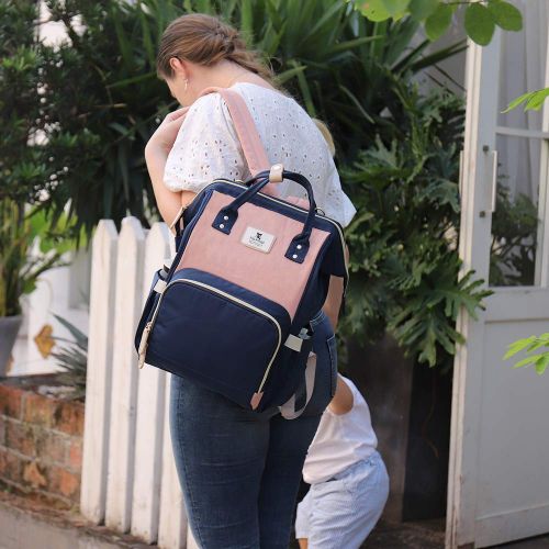  [아마존베스트]Hafmall Diaper Bag Backpack Waterproof Travel Mummy Nappy Bags, Large Capacity and Multi-Function Back Pack Organizer with Baby Insulated Pockets (Pink&Navy Blue)