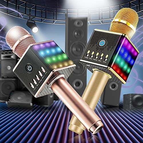  Haga Wireless microphone Portable Wireless Karaoke Microphone with LED Light Speaker Wireless Bluetooth for Smartphone Handle Home KTV Karaoke Speaker rose gold