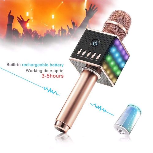  Haga Wireless microphone Portable Wireless Karaoke Microphone with LED Light Speaker Wireless Bluetooth for Smartphone Handle Home KTV Karaoke Speaker rose gold