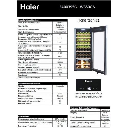  Haier WS50GA Weinkuehlschrank / 127 cm Hoehe/LED Display zur Temperatureinstellung, Temperaturalarm