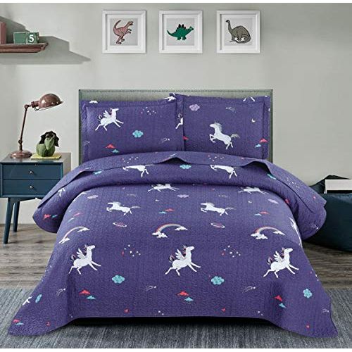 [아마존베스트]Hailea Kids Unicorn Quilt Set with Sham Twin Size Animal Cartoon Bedding Set Soft Reversible Bedspread Coverlet All Season Bed Set for Kids Teens Girls, 1 Quilt 2 Pillowshams, Pink