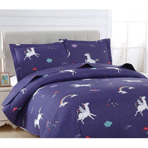  [아마존베스트]Hailea Kids Unicorn Quilt Set with Sham Twin Size Animal Cartoon Bedding Set Soft Reversible Bedspread Coverlet All Season Bed Set for Kids Teens Girls, 1 Quilt 2 Pillowshams, Pink