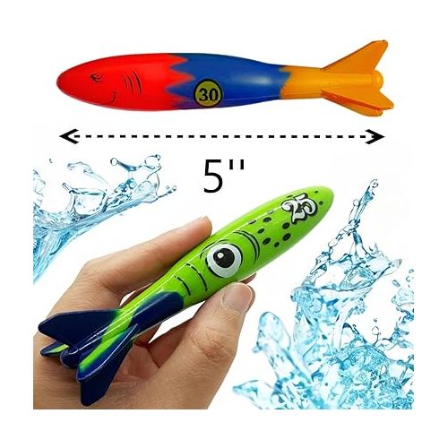  Haktoys Underwater Diving Torpedo Bandits, Swimming Pool Toy 5” Sharks Glides Up to 20 Feet Fun Water Games for Boys and Girls (Set of 8 Pieces)