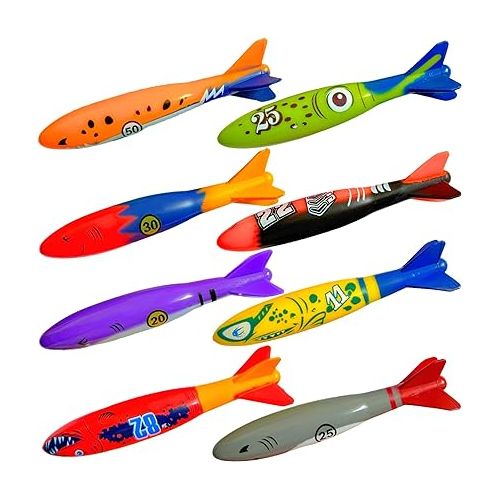  Haktoys Underwater Diving Torpedo Bandits, Swimming Pool Toy 5” Sharks Glides Up to 20 Feet Fun Water Games for Boys and Girls (Set of 8 Pieces)