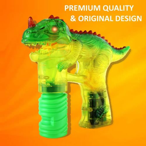  Haktoys T-Rex Dinosaur Bubble Shooter Gun | Ready to Play Light Up Blower with LED Flashing Lights, Extra Refill Bottle, Bubble Blaster Toy for Toddlers, Kids, Parties (Sound-Free,