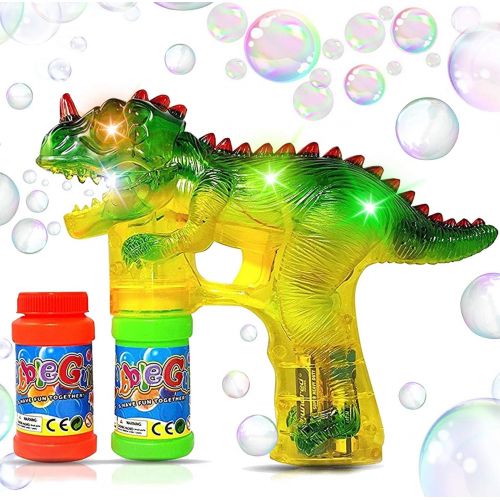  Haktoys T-Rex Dinosaur Bubble Shooter Gun | Ready to Play Light Up Blower with LED Flashing Lights, Extra Refill Bottle, Bubble Blaster Toy for Toddlers, Kids, Parties (Sound-Free,