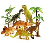 Haktoys Pack of 8 Dinosaur Toy Set | 6 Educational, Realistic 7 Dinosaurs Figures; T-Rex Triceratops Velociraptor Stegosaurus Plus 2 Trees for Toddlers & Kids