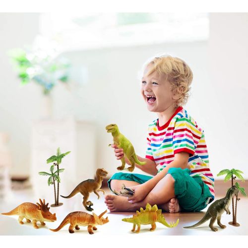  Haktoys Pack of 8 Dinosaur Toy Set | 6 Educational, Realistic 7 Dinosaurs Figures; T-Rex Triceratops Velociraptor Stegosaurus Plus 2 Trees for Toddlers & Kids
