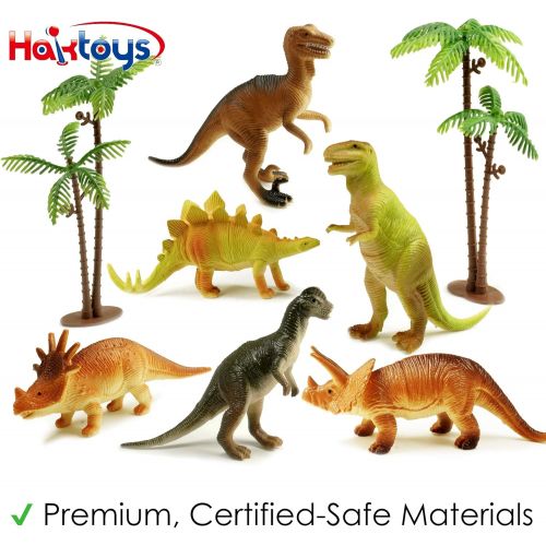  Haktoys Pack of 8 Dinosaur Toy Set | 6 Educational, Realistic 7 Dinosaurs Figures; T-Rex Triceratops Velociraptor Stegosaurus Plus 2 Trees for Toddlers & Kids